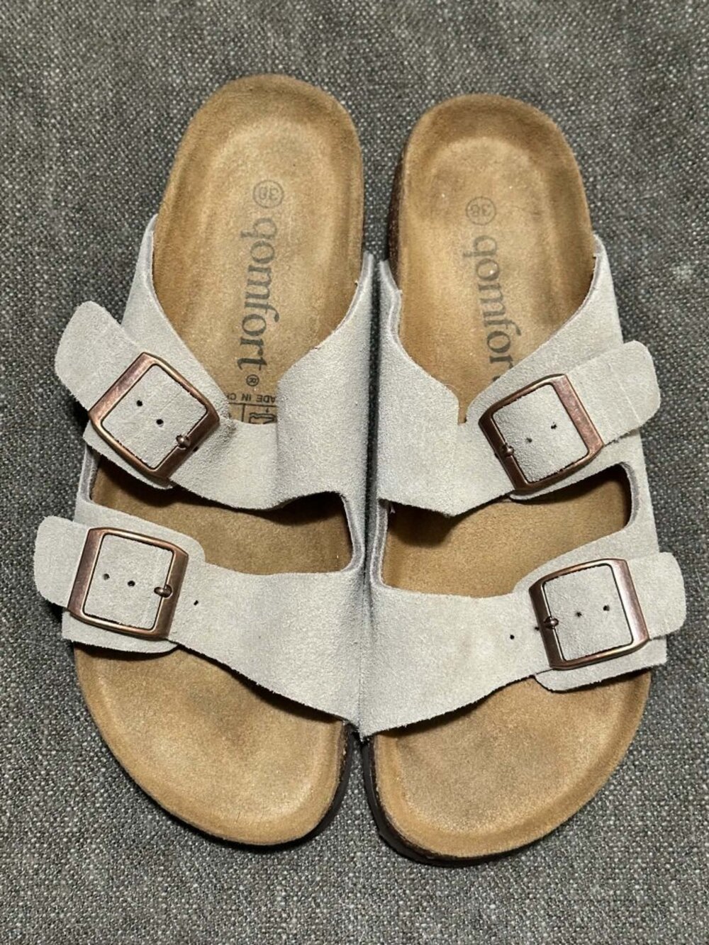 Unisex Premium Genuine Suede Sandals by Qomfort, Cork/Rubber Sole, Light Sand